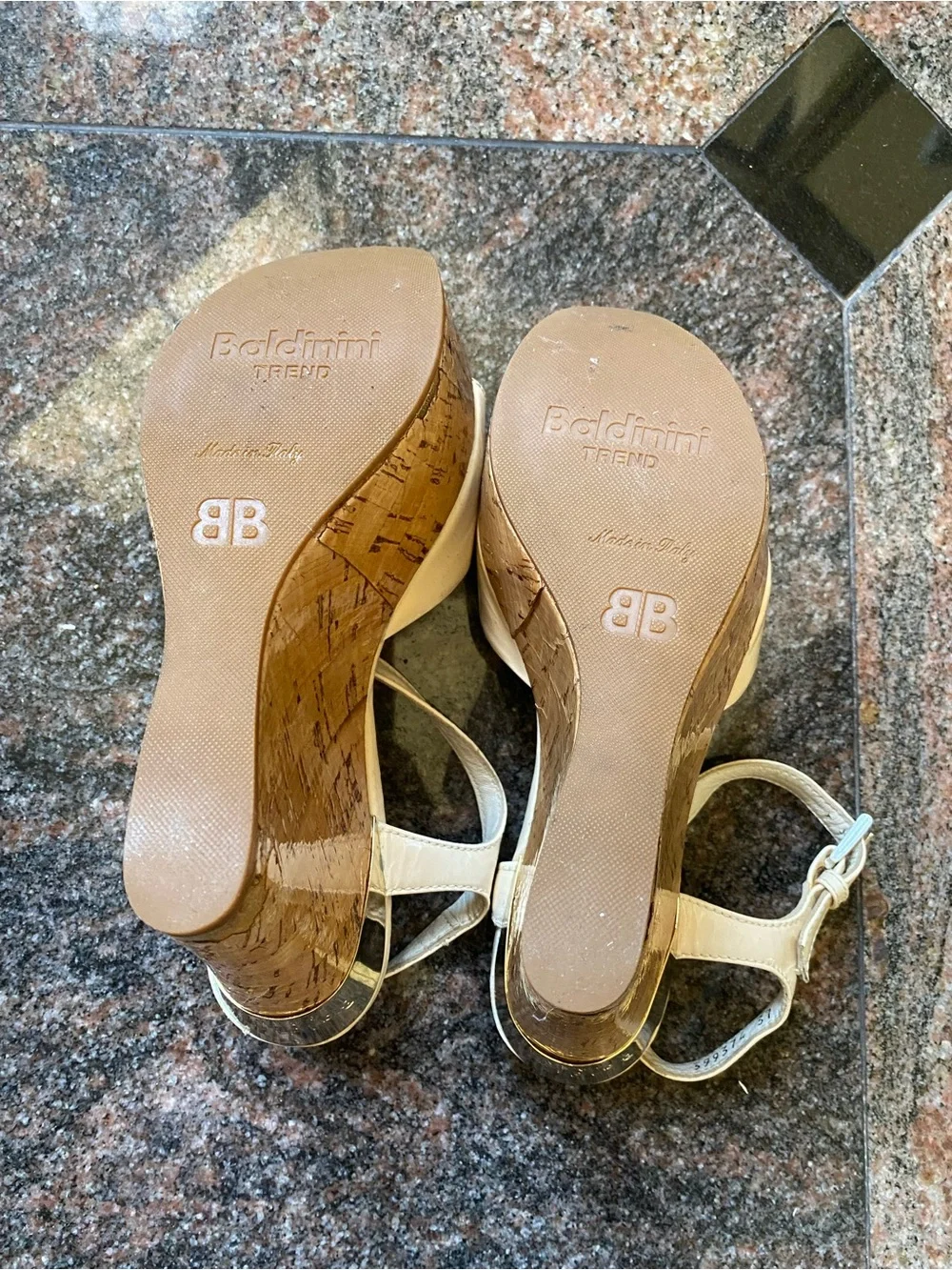 Baldinini Cream Patent Platform Sandals with Cork Platform